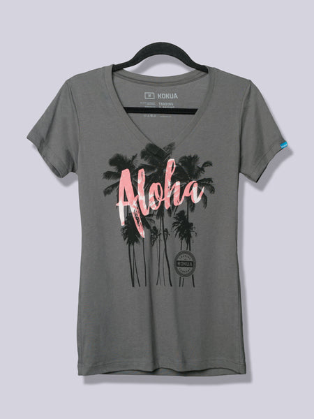 Women's Aloha Palm Pink on Dark Gray V-Neck