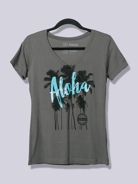 Women's Aloha Palm Blue on Dark Gray V-Neck