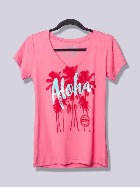 Women's Aloha Palm Blue on Pink V-Neck